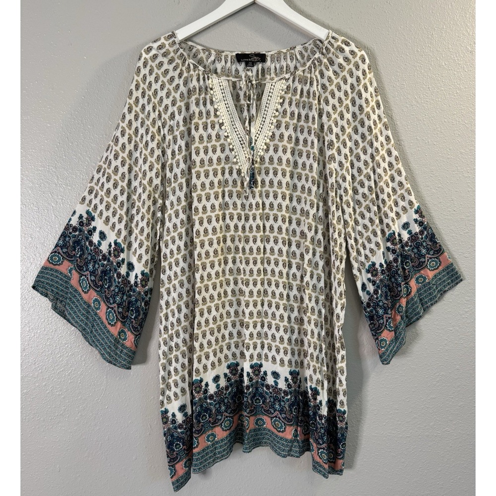 Suzanne Betro Boho Paisley Border Print Rayon Peasant Tunic Blouse 1X